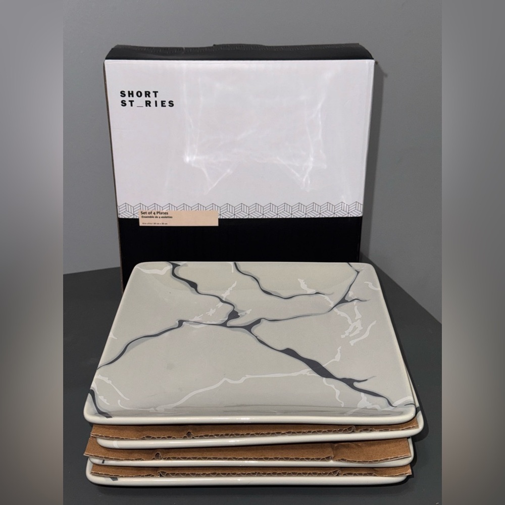 Short Stories Gray Marble Plate a Set of 4 8 x 8 inch Plates, NEW!